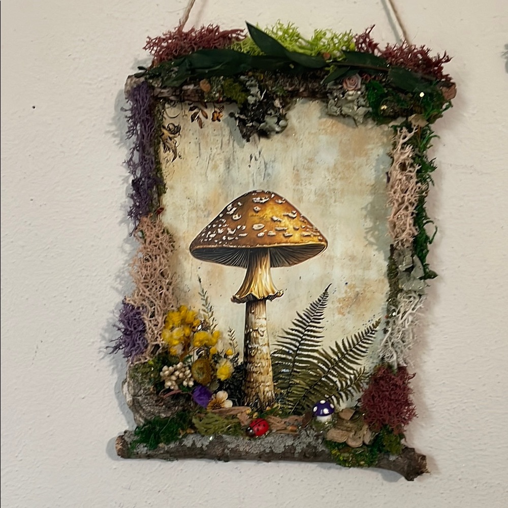 Mushroom Wall Art with Natural Accents handcrafted border moss dried flowers